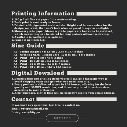 Printed on premium quality paper with vivid, fade-resistant inks. Available in A3, A4, A5 and A6. Fast UK delivery. Buy 3 get 1 free. 98 types Studio information
