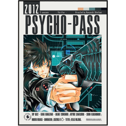 Front cover of the manga book 'Psycho-Pass 2012' featuring an illustrated anime character aiming a gun, with large black title text and a dark futuristic blue-gray background.