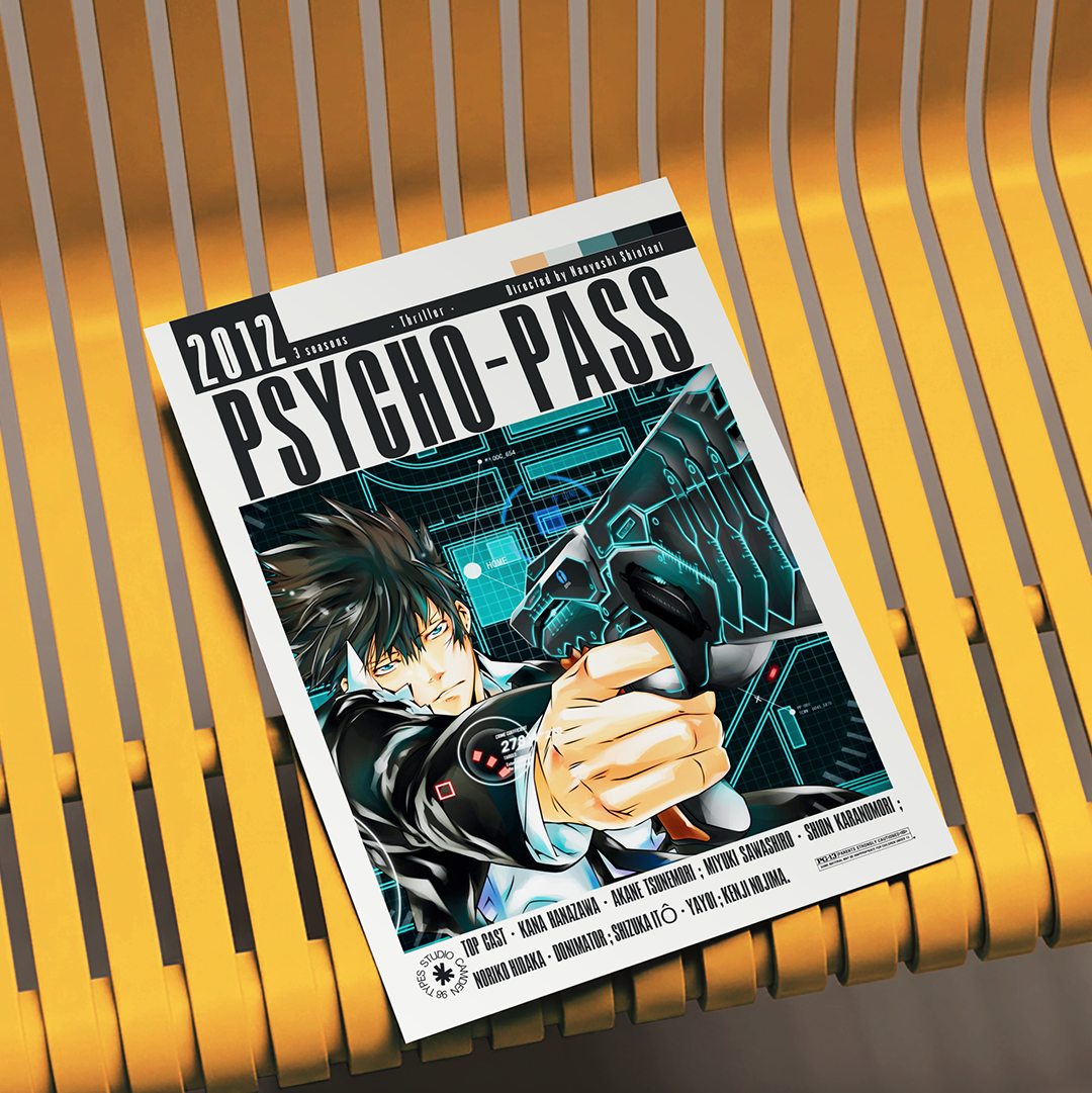 A magazine or book cover for Psycho-Pass 2012 featuring an anime-style illustration, placed on a yellow slatted bench.