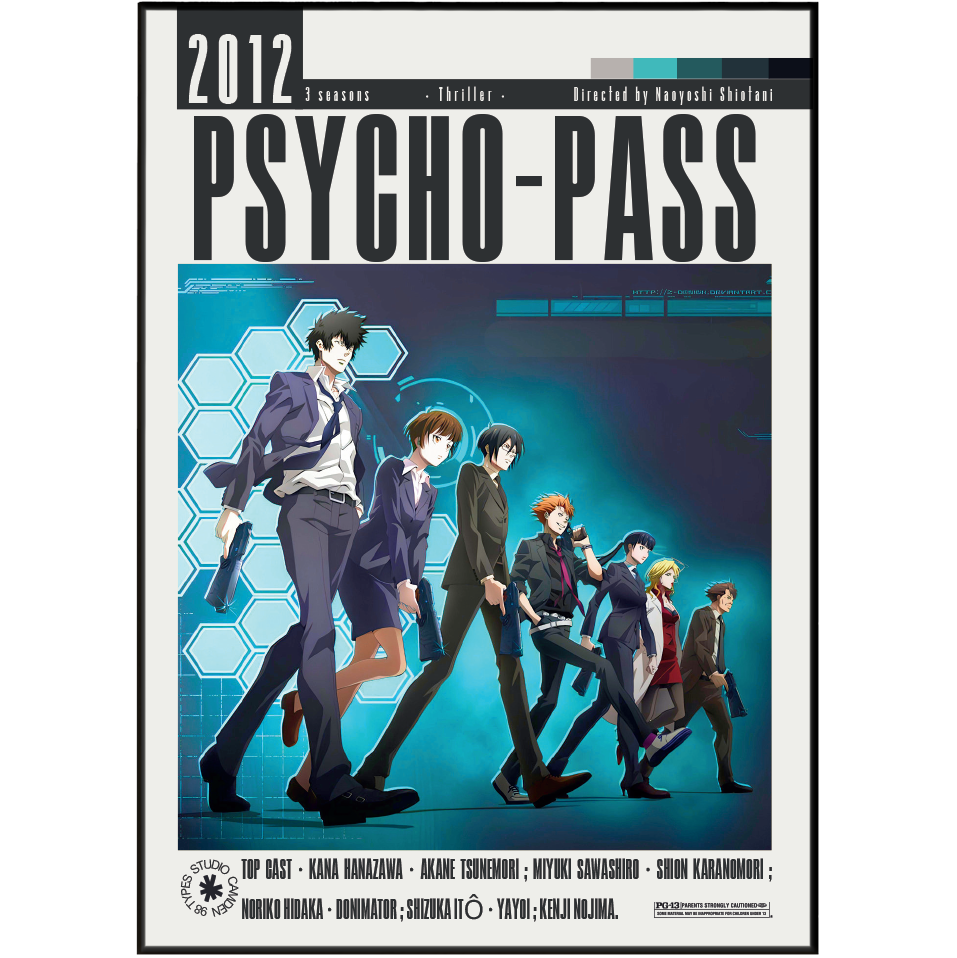 A movie poster for the 2012 anime film Psycho-Pass, featuring illustrated characters in suits against a blue and teal background with large black title text at the top.