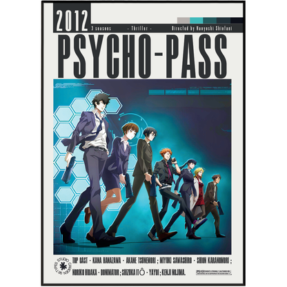 A movie poster for the 2012 anime film Psycho-Pass, featuring illustrated characters in suits against a blue and teal background with large black title text at the top.