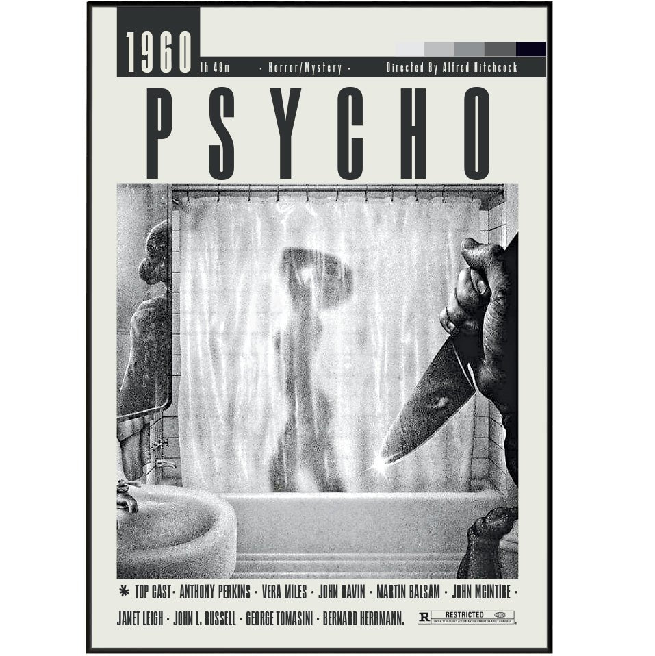 Psycho 1960 horror film poster — Alfred Hitchcock Janet Leigh Norman Bates shower scene wall art print UK
