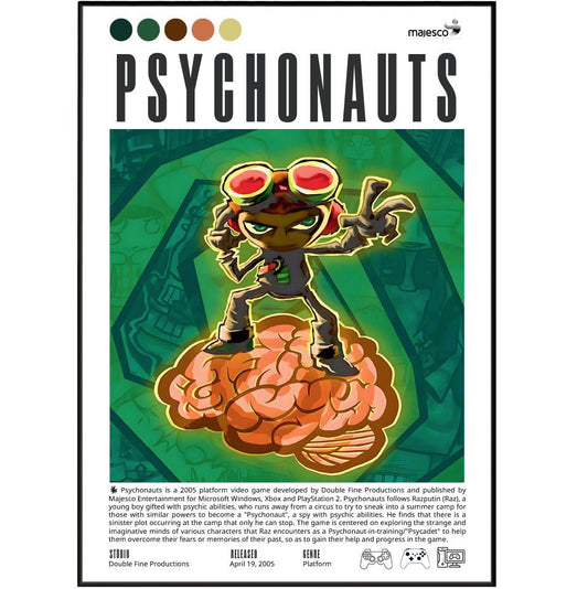 Psychonauts 2005 game poster — Double Fine Tim Schafer Raz psychic powers platformer wall art print UK - 98types