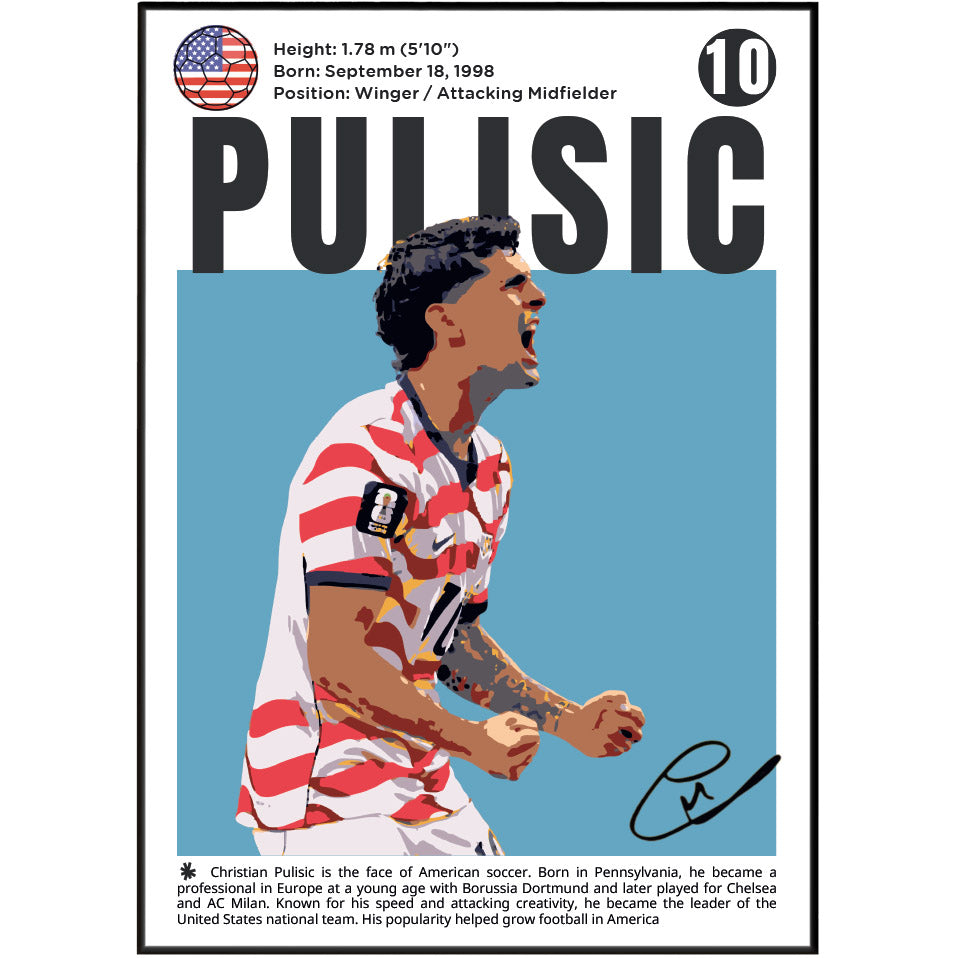 A framed sports poster featuring Christian Pulisic, with his name in large black letters, a blue background panel, and a photo of him wearing a red-and-white striped soccer jersey. The poster includes biographical text and a signature at the bottom.