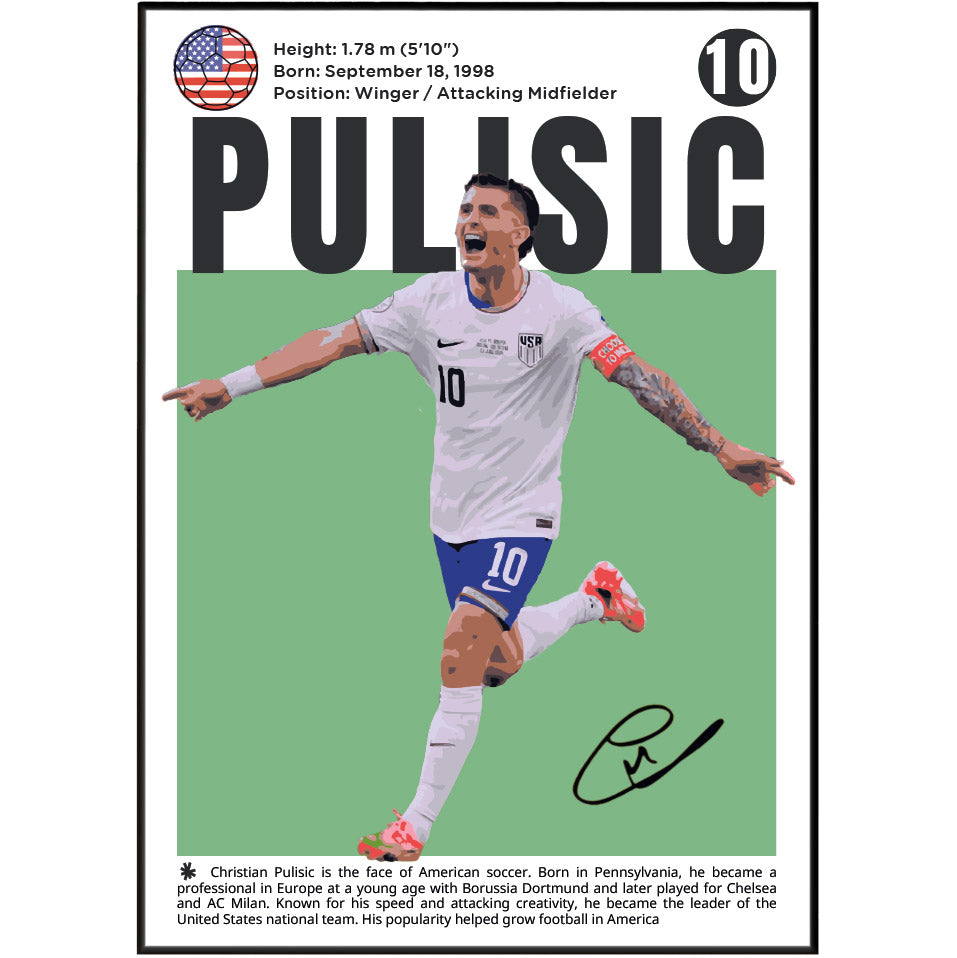 A printed poster or card featuring soccer player Christian Pulisic, with a black border, his name in large letters, a green block behind him, a photo of him in a white and blue Philadelphia Union jersey, and a signature at the bottom.