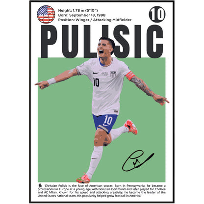 A printed poster or card featuring soccer player Christian Pulisic, with a black border, his name in large letters, a green block behind him, a photo of him in a white and blue Philadelphia Union jersey, and a signature at the bottom.