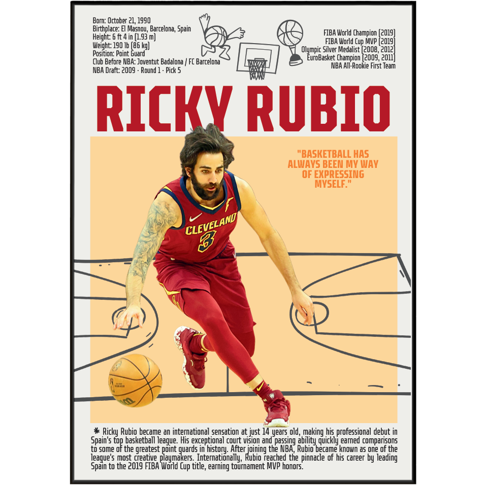 Ricky Rubio basketball poster — Spain Minnesota Timberwolves playmaker assists minimalist wall art print UK