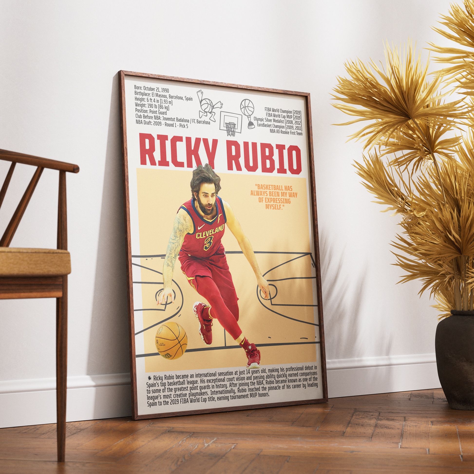 Ricky Rubio basketball poster — Spain Minnesota Timberwolves playmaker assists minimalist wall art print UK