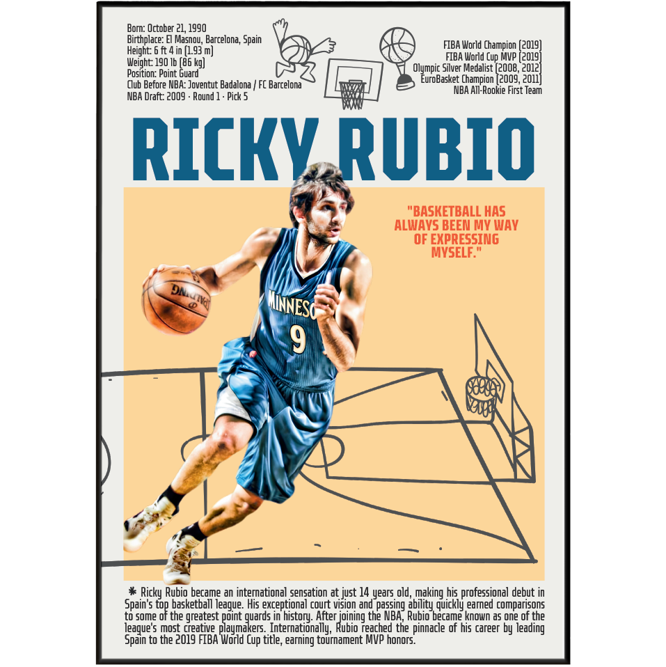 Ricky Rubio basketball poster — Spain Minnesota Timberwolves playmaker assists minimalist wall art print UK