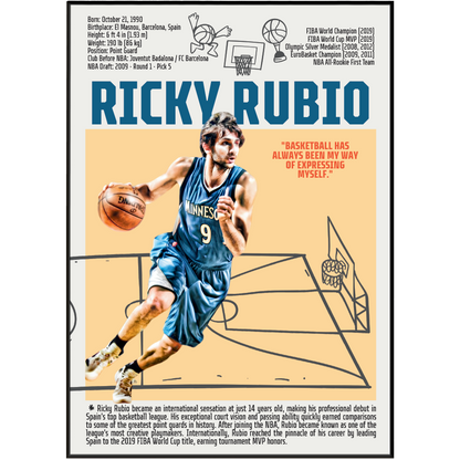Ricky Rubio basketball poster — Spain Minnesota Timberwolves playmaker assists minimalist wall art print UK