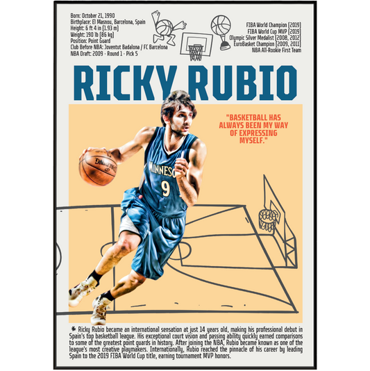 Ricky Rubio basketball poster — Spain Minnesota Timberwolves playmaker assists minimalist wall art print UK