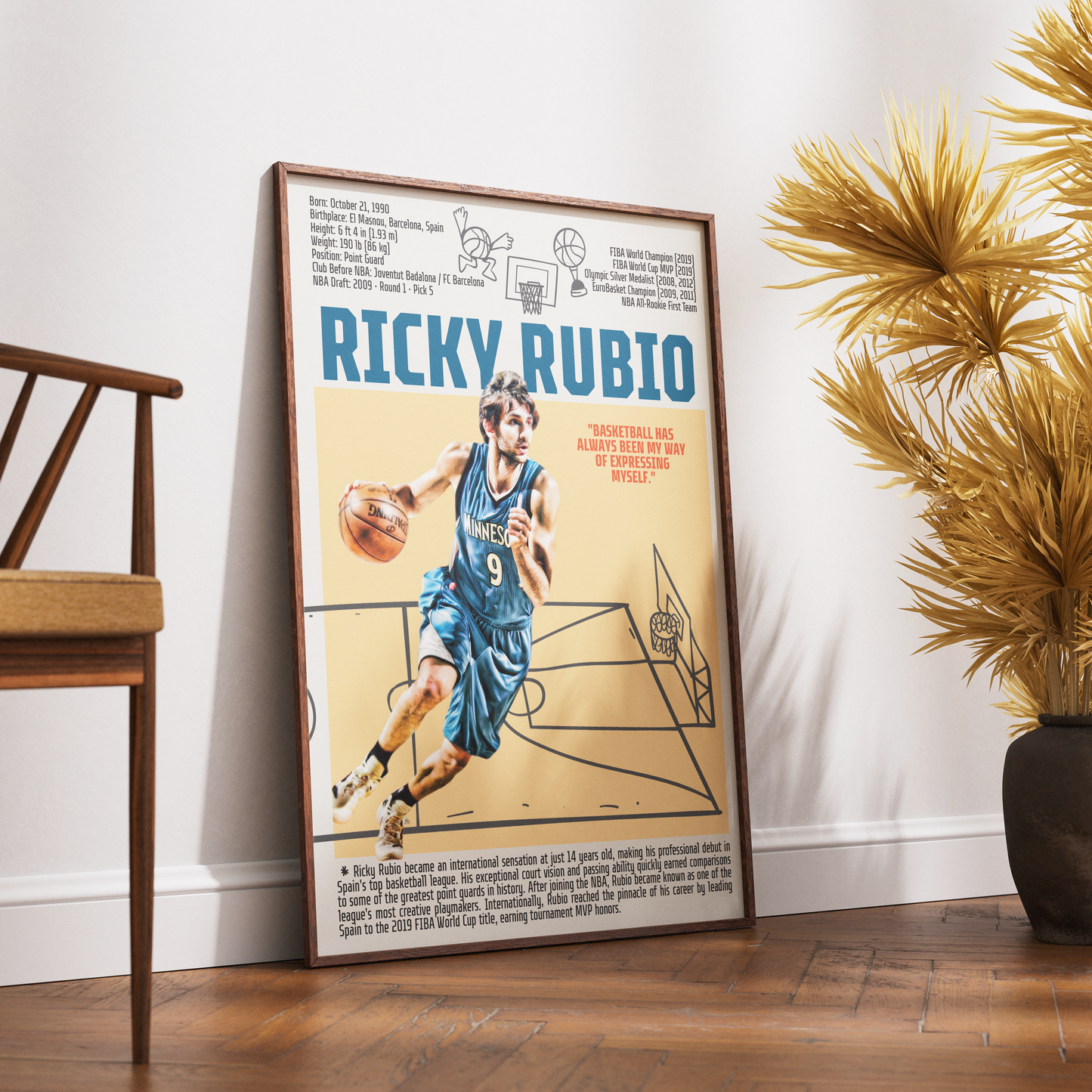 Ricky Rubio basketball poster — Spain Minnesota Timberwolves playmaker assists minimalist wall art print UK