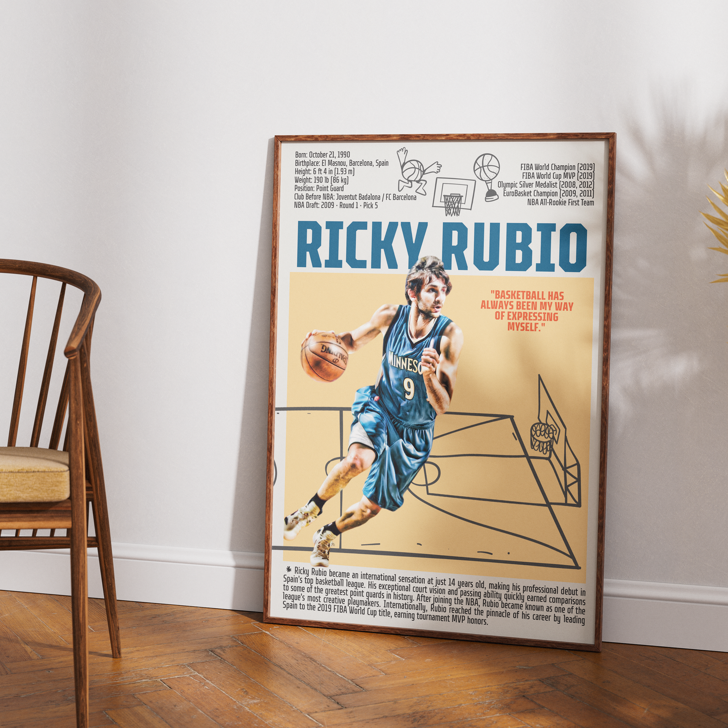 Ricky Rubio basketball poster — Spain Minnesota Timberwolves playmaker assists minimalist wall art print UK