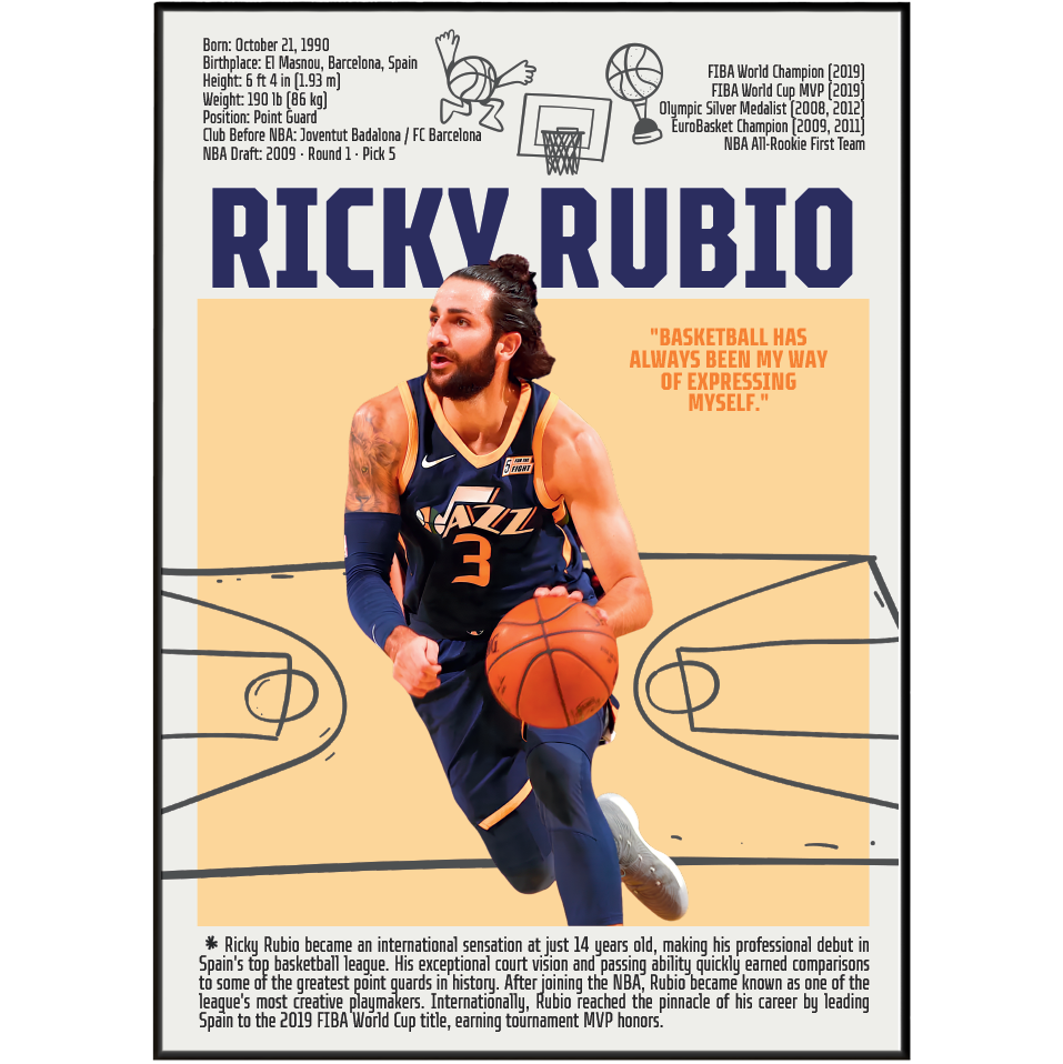 Ricky Rubio basketball poster — Spain Minnesota Timberwolves playmaker assists minimalist wall art print UK