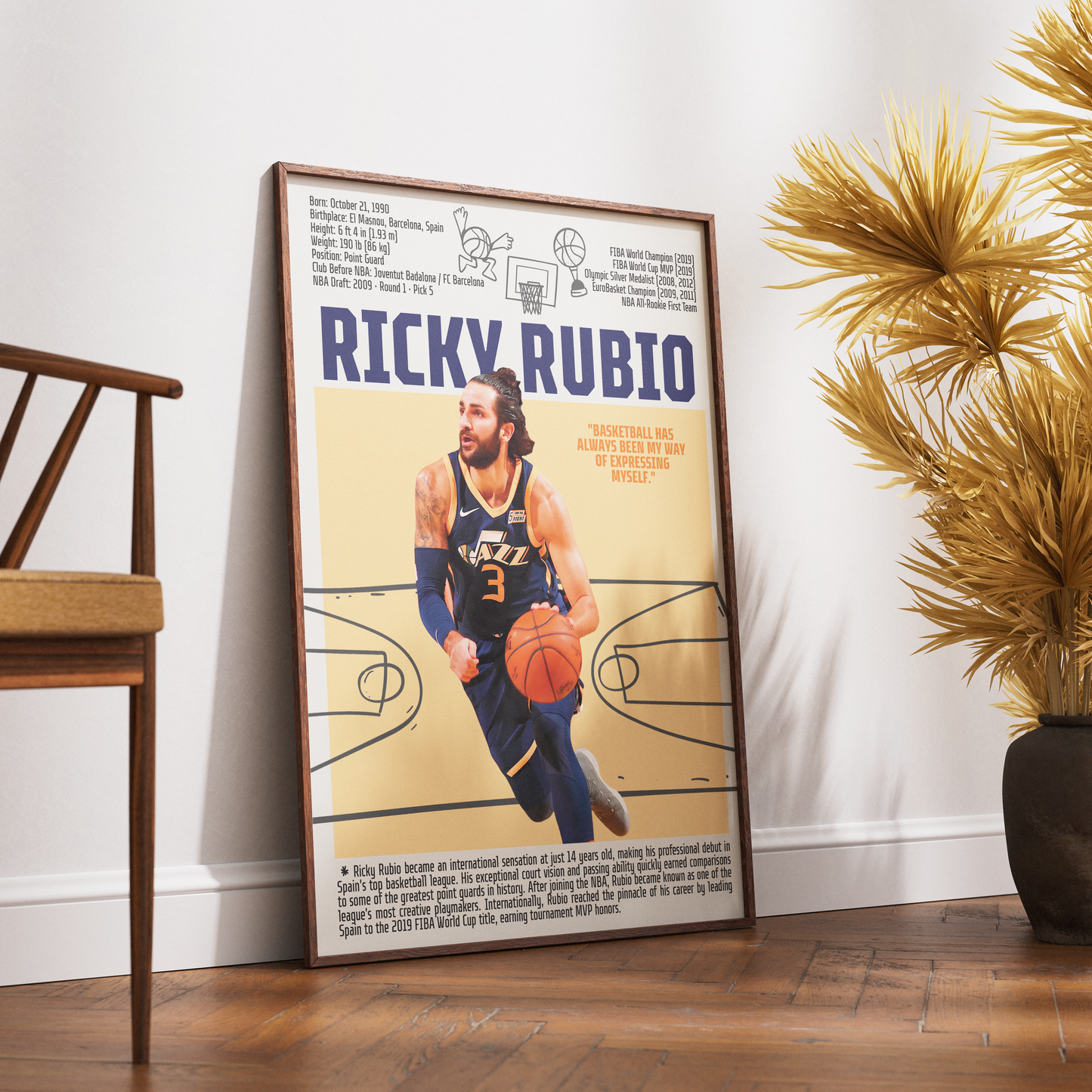 Ricky Rubio basketball poster — Spain Minnesota Timberwolves playmaker assists minimalist wall art print UK