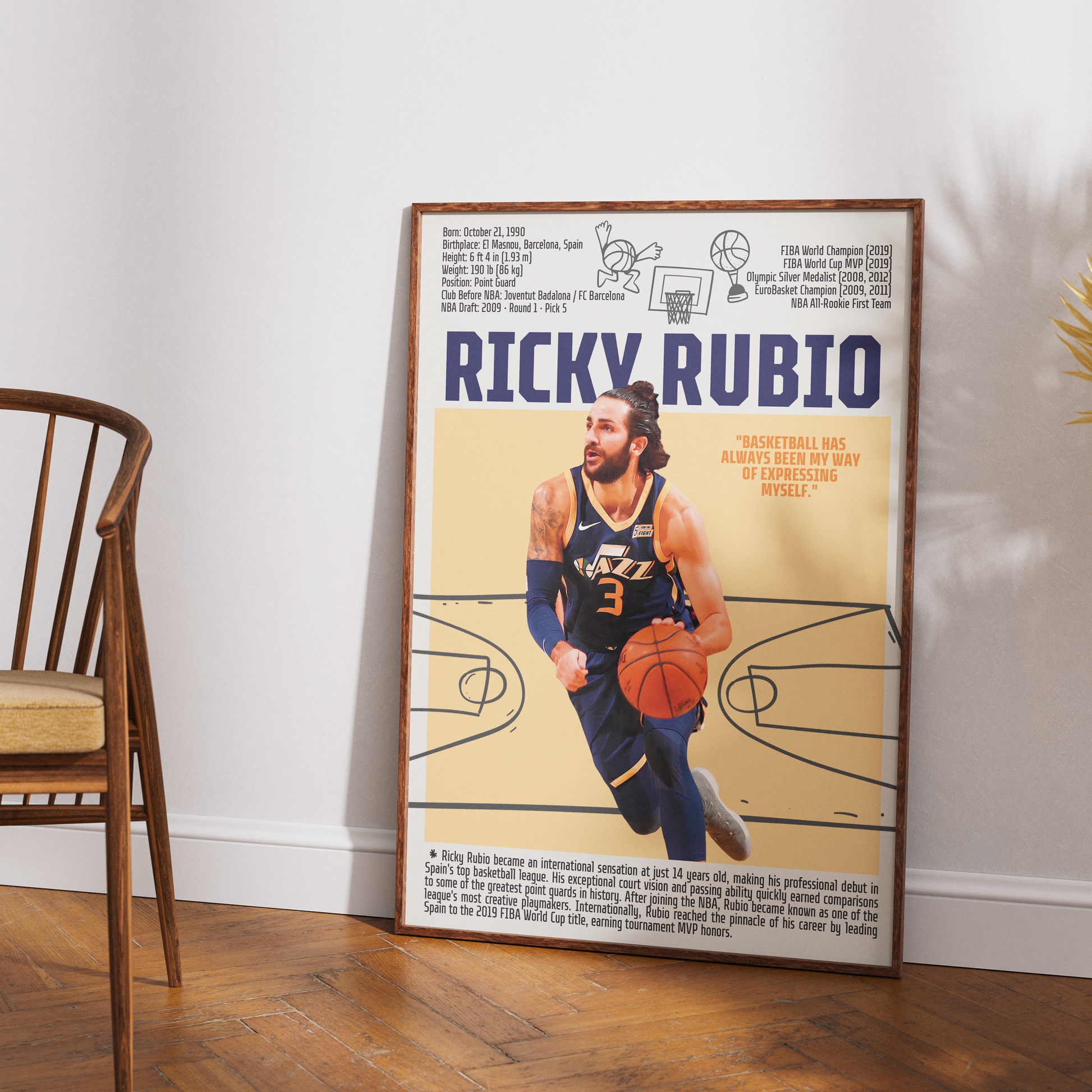 Ricky Rubio basketball poster — Spain Minnesota Timberwolves playmaker assists minimalist wall art print UK