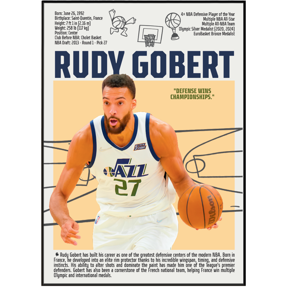 Rudy Gobert Stifle Tower basketball poster — France Utah Jazz 4x Defensive Player of Year wall art print UK
