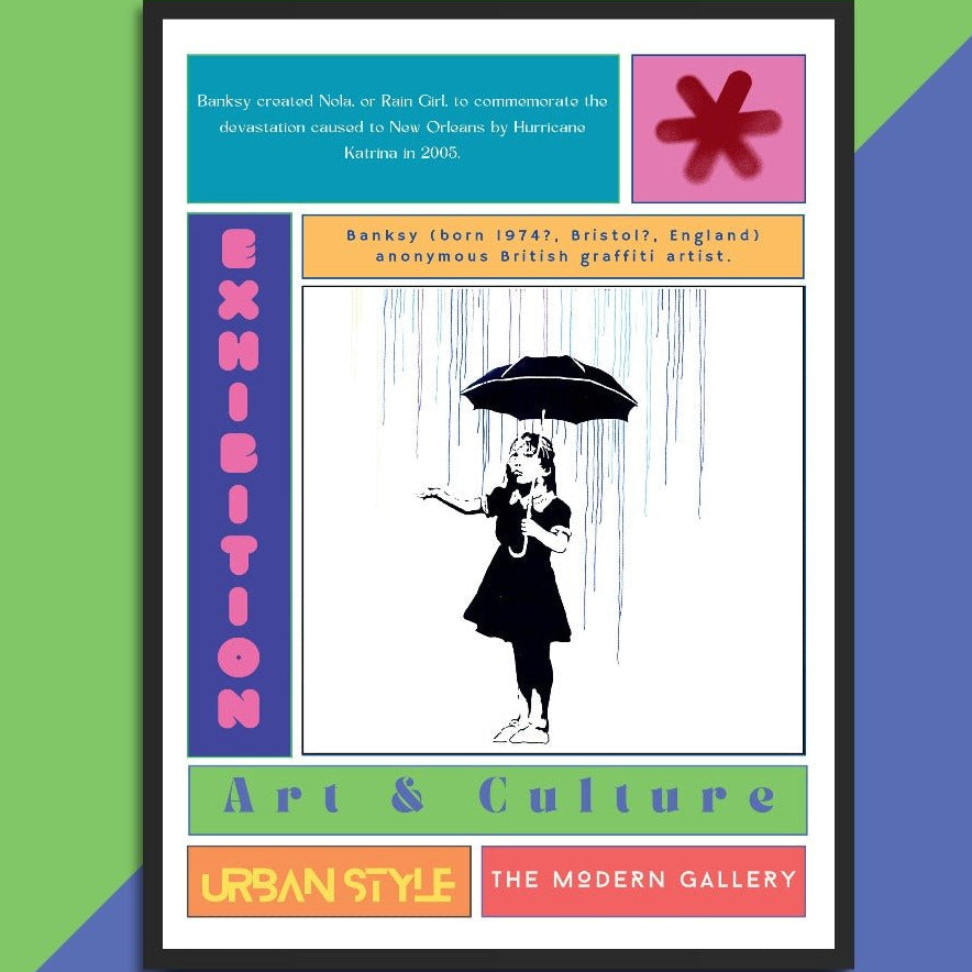 Rain Girl street art poster — girl umbrella rain urban graffiti wall art print UK
