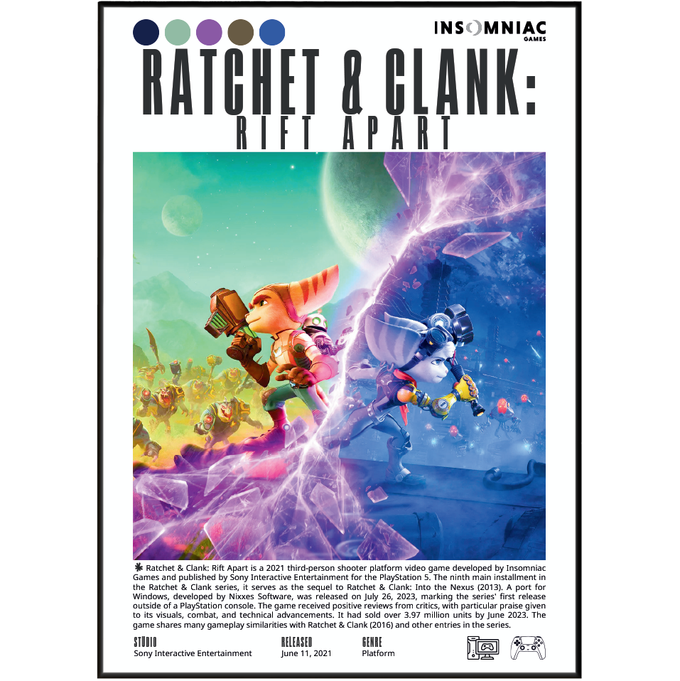 Front cover of the board game Ratchet & Clank: Rift Apart, published by Insomniac Games. The cover features a colorful illustration of the characters Ratchet and Clank floating in a cosmic space scene with planets and purple nebulae.