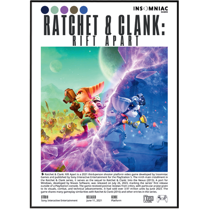 Front cover of the board game Ratchet & Clank: Rift Apart, published by Insomniac Games. The cover features a colorful illustration of the characters Ratchet and Clank floating in a cosmic space scene with planets and purple nebulae.