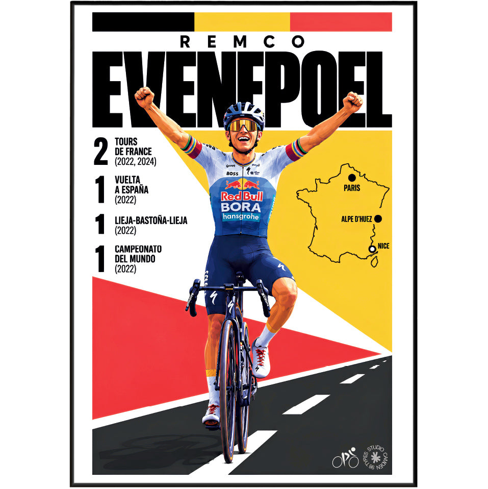 A cycling poster featuring Remco Evenpoel in a red, white, and blue cycling kit, celebrating with raised arms. The poster includes text listing his achievements and a small map of France with marked cities.