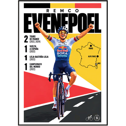 A cycling poster featuring Remco Evenpoel in a red, white, and blue cycling kit, celebrating with raised arms. The poster includes text listing his achievements and a small map of France with marked cities.