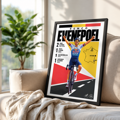 A framed cycling poster featuring Remco Evenpoel leaning against a beige sofa in a bright living room, with a plant and window in the background.