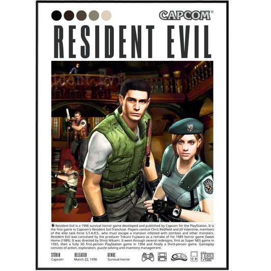 Resident Evil 1996 game poster — Capcom STARS Spencer Mansion zombie survival horror wall art print UK - 98types