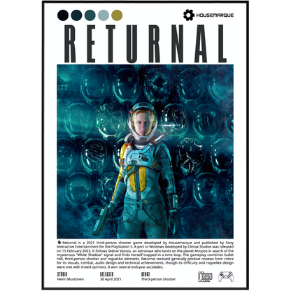 Front cover of the board game Return: Journal, featuring a central sci-fi illustration of an astronaut in a spacesuit against a dark blue and black space background with planets. The title 'RETURNAL' is printed in large letters at the top, with the Housemarque logo at the top right and game info at the bottom.