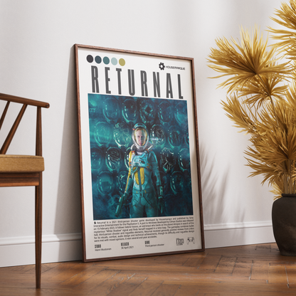 A framed poster titled 'RETURNAL' leaning against a white wall on a wooden floor, styled in a room with a wooden chair on the left and a potted palm on the right.