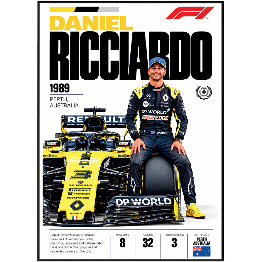 A poster-style print featuring Daniel Ricciardo sitting on a yellow Renault Formula 1 car, with large 'DANIEL RICCIARDO' text, '1989', 'PERTH, AUSTRALIA', and an F1 logo at the top. The design includes a black border and small race results text at the bottom.
