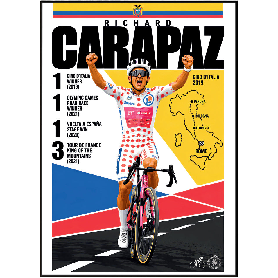 A framed cycling poster featuring Richard Carapaz celebrating on a road bike, with bold black text listing his wins and a stylized map of Italy. The design uses a white background with strong red, yellow, and blue graphic blocks and a black border.