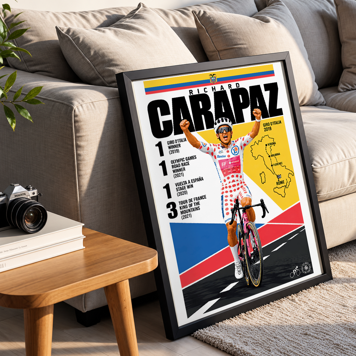 A framed cycling poster featuring Richard Carapaz leaning against a beige sofa in a living room setting, with a small wooden side table and camera visible nearby.