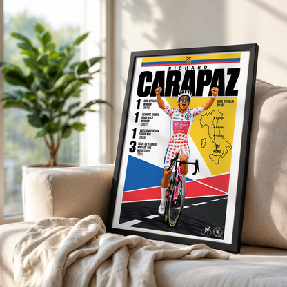 A framed cycling poster featuring Richard Carapaz leaning against a beige sofa in a bright living room with a plant in the background.