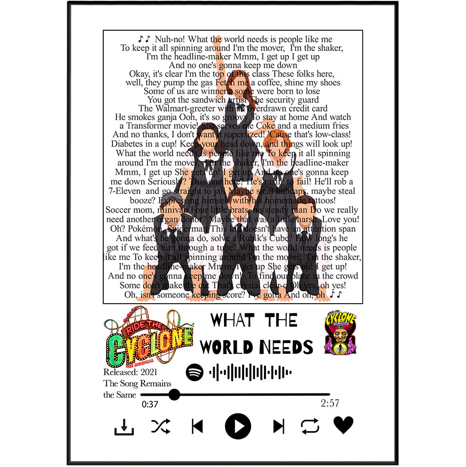 Ride The Cyclone What the World Needs song lyric print wall art by 98types