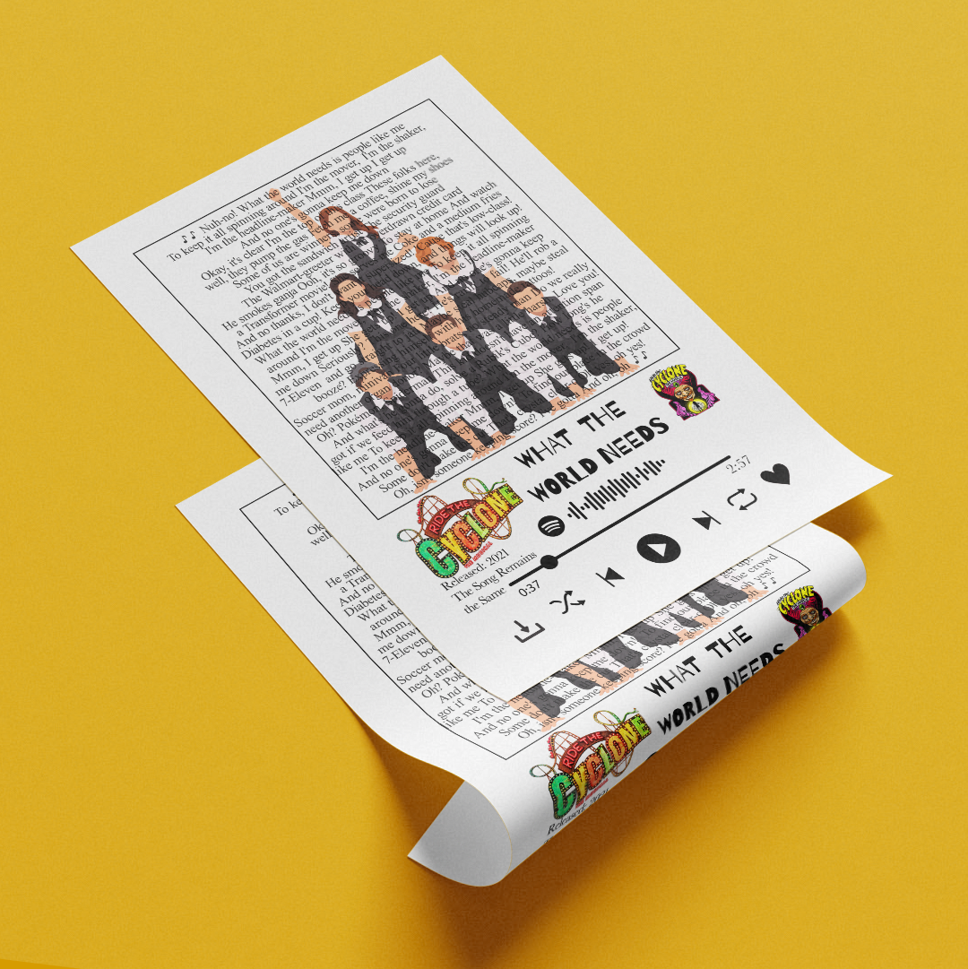 A rolled sheet of printed material featuring a black-and-white photo of the band Green Day with the text 'WHAT THE WORLD NEEDS' and colorful band branding, displayed on a solid yellow background.