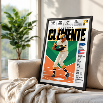 Roberto Clemente poster, Pittsburgh Pirates baseball wall art print in a bedroom - 98types