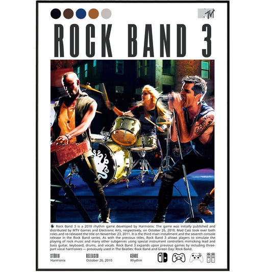Rock Band 3 2010 game poster — Harmonix MTV Games band rhythm keyboard pro mode wall art print UK - 98types