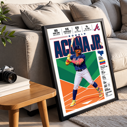 Ronald Acuña Jr. poster, Atlanta Braves baseball wall art print in a games room - 98types
