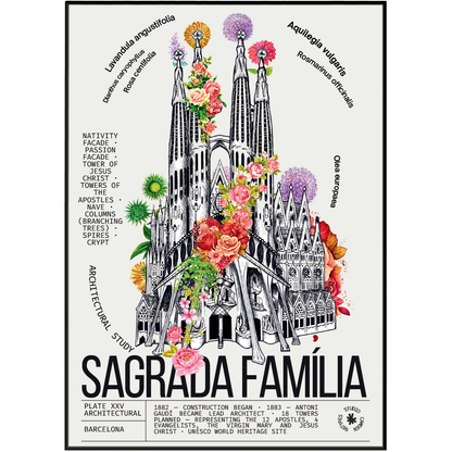 Sagrada Familia Barcelona vintage botanical archive print UK — Gaudi landmark wall art 260gsm printed in England Camden Market