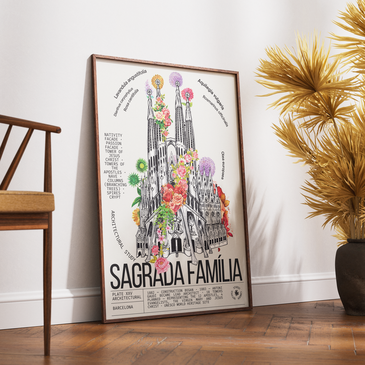 Sagrada Familia Barcelona vintage botanical archive print UK — Gaudi landmark wall art 260gsm printed in England Camden Market
