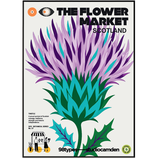 The Flower Market Scotland Thistle botanical poster print UK — national emblem 1470s graphic wall art 260gsm printed in England Camden Market