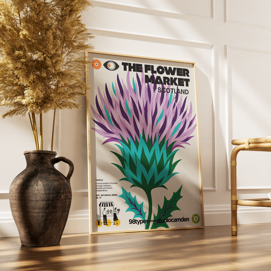 The Flower Market Scotland Thistle botanical poster print UK — national emblem 1470s graphic wall art 260gsm printed in England Camden Market