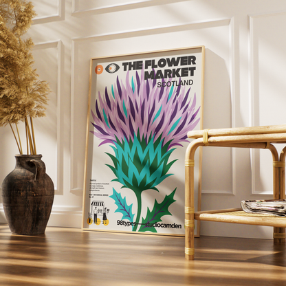 The Flower Market Scotland Thistle botanical poster print UK — national emblem 1470s graphic wall art 260gsm printed in England Camden Market