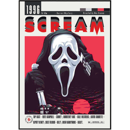 A stylized poster or cover art for the movie Scream, showing the Ghostface mask in white and black against a vivid red background, with the title 'SCREAM' in large red letters at the top and a black border around the design.