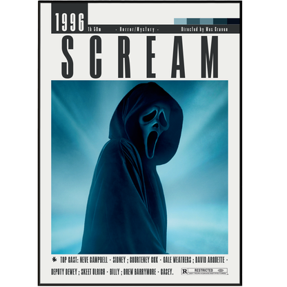 A comic book cover for Scream: 1996 1st Ed, featuring the iconic Ghostface figure in a dark hooded robe against a blue background, with the title 'SCREAM' in large black letters at the top.