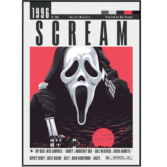 Scream movie poster with a character holding a phone and a red moon in the background