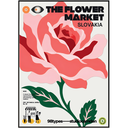 The Flower Market Slovakia Rose botanical poster print UK — national flower Slovak folk art graphic wall art 260gsm printed in England Camden Market