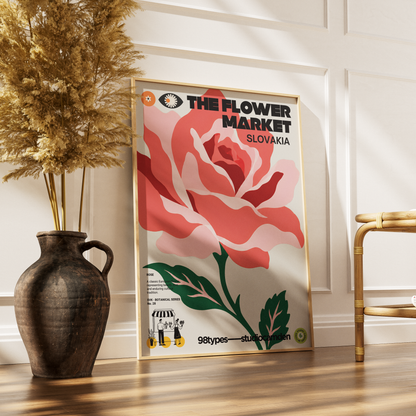 The Flower Market Slovakia Rose botanical poster print UK — national flower Slovak folk art graphic wall art 260gsm printed in England Camden Market