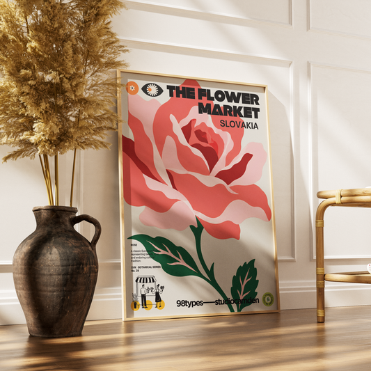 The Flower Market Slovakia Rose botanical poster print UK — national flower Slovak folk art graphic wall art 260gsm printed in England Camden Market
